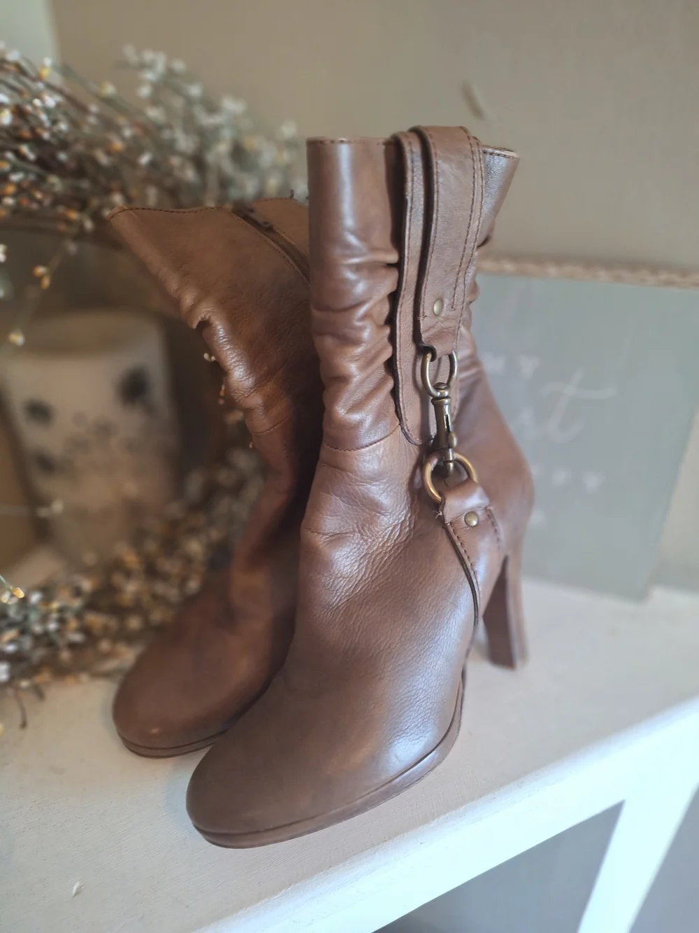 Coach Tan Leather Mid-Calf Heeled Boots with Buckle Detail 6.5